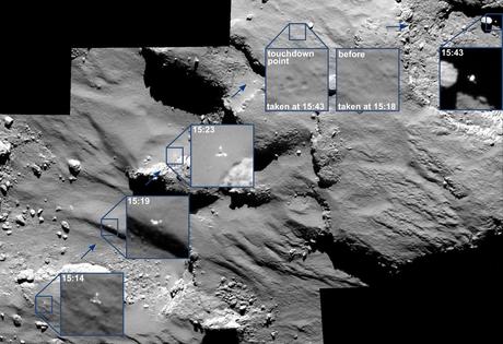 I rimbalzi di Philae visti da OSIRIS a bordo di Rosetta (ESA): Crediti: ESA/Rosetta/MPS for OSIRIS Team MPS/UPD/LAM/IAA/SSO/INTA/UPM/DASP/IDA