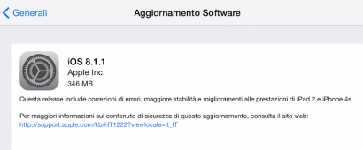 Screen Shot 2014 11 17 at 9.39.04 PM 410x170 Disponibile iOS 8.1.1: miglioramenti nelle prestazione di iPhone 4S e iPad 2 iPhone 4S iPad 2 iOS 8.1.1 aggiornamento 