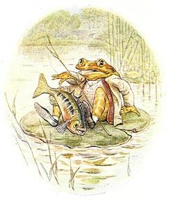 The fish, practically in the frog's lap, is jumping back into the water.