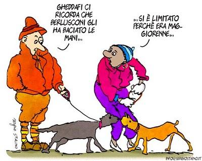 Clamoroso dalla Libia. L’ amico Gheddafi scagiona Berlusconi: Quando mi ha baciato ero maggiorenne (vignetta Staino)