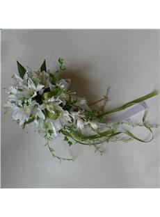 Fresh Waterfall Shaped White Silk Cloth Lily Wedding Bridal Bouquet with Green Ribbon-bj004
