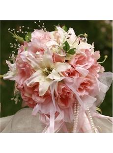 Soft Pink Silk Cloth Wedding Bridal Bouquet with White Lily