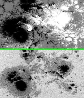 Figura 3(a) e 3(b). La Figura 3(a) è un'immagine delle macchie solari raccolta da Hinode il 24 ottobre nella luce bianca, la figura 3(b) è la medesima immagine con evidenza del campo magnetico.
