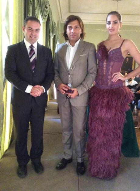 Anton Giulio Grande con il ministro alla giustizia e cultura Owen Bonnici e una modella maltese in AGG COUTURE alla camera di commercio maltese