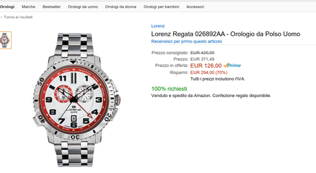 Offerta Cyber Monday Amazon: orologio Lorenz Regata 026892DD scontato di 294 euro