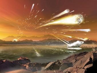 Una ricostruzione artistica dell'epoca, circa 4,5 miliardi di anni fa, in cui la Terra subì un intenso bombardamento di asteroidi e comete. Crediti: Dana Berry, University of Colorado/NASA, Lunar Science Institute, SWRI