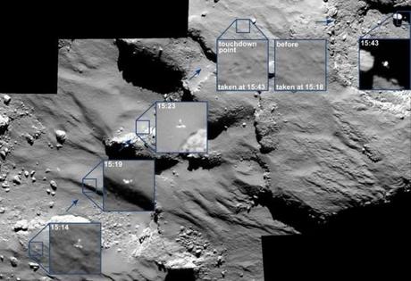 Le immagini sono state prese dalla camera NAC OSIRIS a bordo di Rosetta a circa 15,5 chilometri dalla superficie della cometa. Da sinistra a destra, le immagini mostrano la discesa di Philae prima del touchdown. L’ immagine presa dopo il touchdown, alle 15.43 GMT, ora di Greenwich, conferma che il lander si stava muovendo in direzione est con una velocità di circa 0,5 metri al secondo. La posizione finale di Philae non e' ancora stata determinata e rimane perciò ignota, ma si sa che il secondo contatto e' avvenuto alle 17.25 GMT e che il terzo, quello definitivo, si e' avuto alle 17.32 GMT. Gli scienziati sono ottimisti e confidano di poter trovare la giusta posizione di Philae dai dati di CONSERT e da OSIRIS, NAVCAM a bordo di Rosetta e da ROLIS e dalle camere CIVA a bordo di Philae. Crediti: ESA/Rosetta/MPS for OSIRIS Team MPS/UPD/LAM/IAA/SSO/INTA/UPM/DASP/IDA.