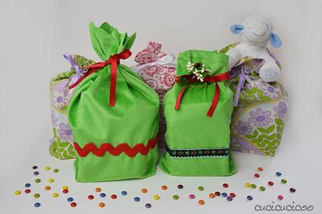 Easy DIY gift bags with boxed corners. No drawstring casing necessary! Tutorial on www.cucicucicoo.com 