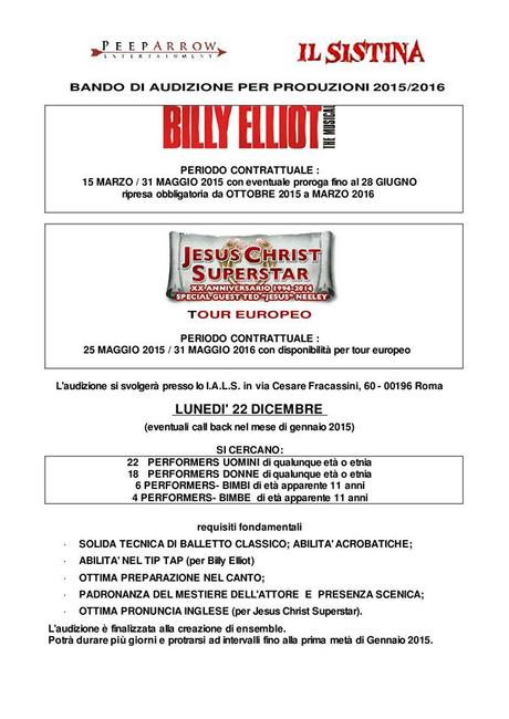 bando audizione produzioni 2015-2016  Jesus Christ Superstar e Billy Elliot peep arrow_pg 1