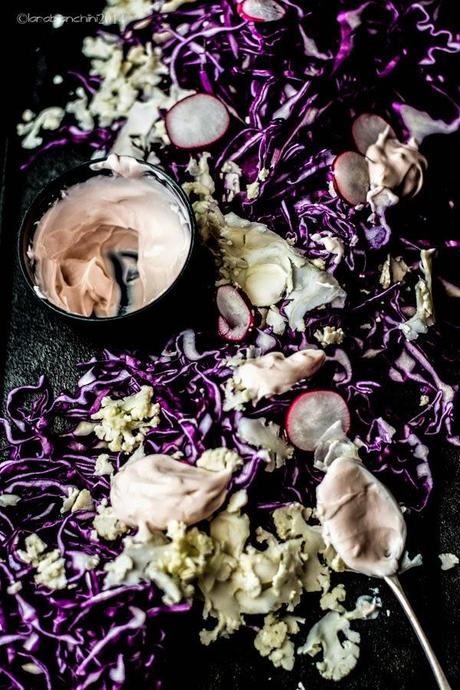 Winter coleslaw with pink umeboshi mayonnaise