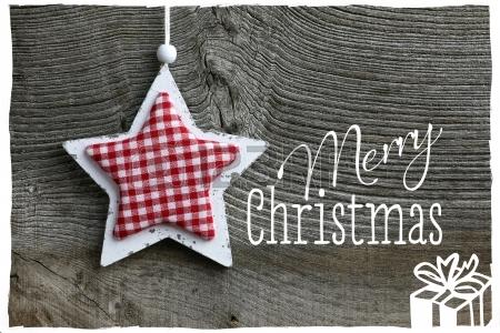Messaggio di Buon Natale, decorazione handmade Shabby Chic stella in legno con tela a quadretti modello in tessuto su fondo rustico in legno Elm - stile retrò