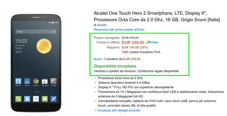 Offerta di fine anno Amazon a tempo limitato: Alcatel One Touch Hero 2 a 339 euro