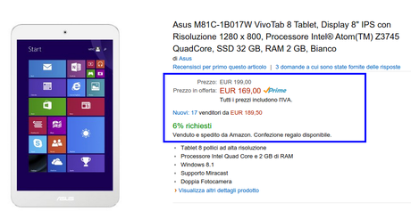 Offerte di fine anno Amazon a tempo limitato: tablet Asus Vivo Tab 8 con Windows 8.1 a 169 euro