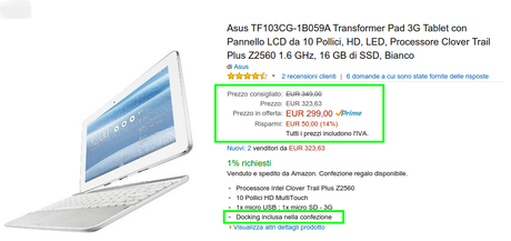 Offerta Amazon: tablet Asus Transformer Pad 3G TF103CG + dock tastiera a 299 euro