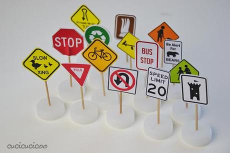  Three DIY street toys from repurposed materials for kids who love cars! Toy streets, street signs and a stoplight | www.cucicucicoo.com