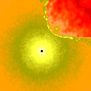 In questa simulazione, le due stelle sono rappresentate come punti neri. Crediti: NASA's GSFC / T. Madura