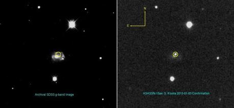 A sinistra: un’immagine d’archivio del Sloan Digital Sky Survey, con una porzione di galassia a 400 milioni di anni luce di distanza dove ASAS-SN ha rilevato una supernova brillante. A destra: l’immagine catturata da Seiichiro Kiyota, astrofilo e collaboratore del Variable Star Observers League in Giappone, che ha permesso di confermare la scoperta. Crediti: ASAS-SN / Ohio State University.