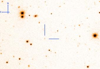 Immagine del GRB130831A presa con il Liverpool Telescope alle Canarie. La posizione dell’esplosione stellare, avvenuta a una distanza di circa 5 miliardi di anni luce, è indicata al centro dell’immagine. Per concessione della Università dei Paesi Baschi