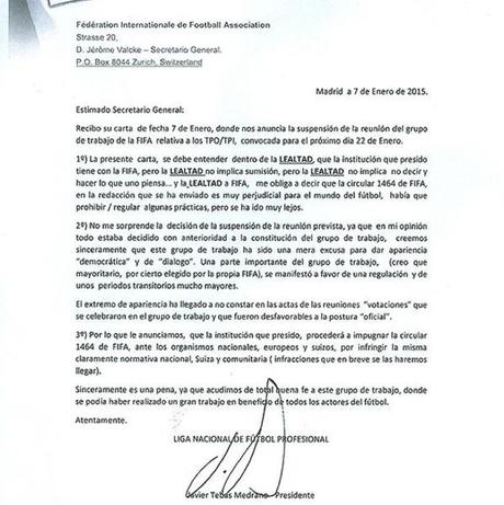 TPO: la lettera della Lega Calcio Spagnola che annuncia l’impugnazione della delibera FIFA