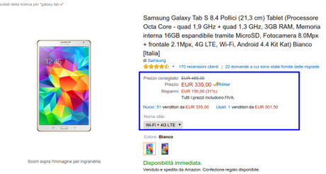 Promozione Samsung Galaxy Tab S 8.4 LTE a 335 euro  Promozione Samsung Galaxy Tab S 8.4 LTE a 335 euro samsung