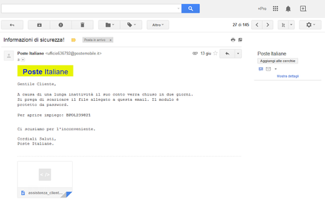 Attenzione email truffa di “Poste italiane” Attenzione email truffa di “Poste italiane”