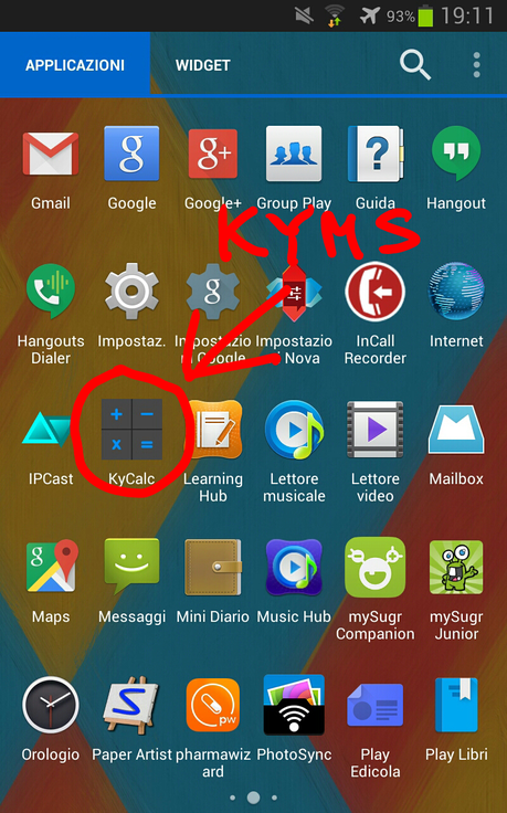 applications drawer con evidenziata l'icona di kyms mimetizzata da calcolatrice