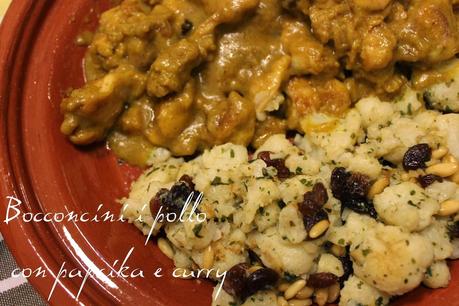 Bocconcini di pollo, paprika e curry con riso basmati e contorno di cavolfiore