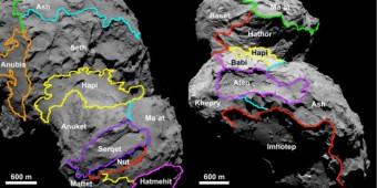 Alcune delle regioni definite sulla superficie visibile della cometa. Crediti: ESA/Rosetta/MPS for OSIRIS Team MPS/UPD/LAM/IAA/SSO/INTA/UPM/DASP/IDA