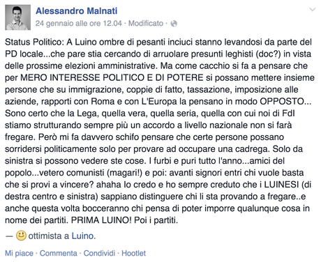 Il post su Facebook pubblicato dal consigliere di Luino, Alessandro Malnati (FdI), vicino al sindaco Andrea Pellicini