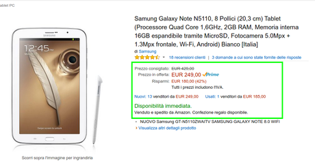 Offerta speciale Samsung Galaxy Note 8.0 Wifi a 249 euro su Amazon Italia