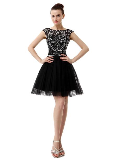 A-line Scoop Sleeveless Beading Embroidery Knee-length Black Tulle Prom Dress DQ12611