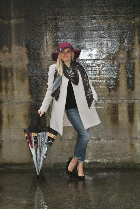 OUTFIT UNDER THE RAIN: JEANS, HEELS AND LADY LIKE COAT