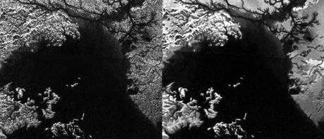 In questa immagine comparata potete vedere Titano: a sinistra l'immagine è stata ottenuta con il Synthetic Aperture Radar (SAR) a bordo di Cassini e a destra è stata utilizzata una nuova tecnica per ridurre interferenze elettroniche. La foto di destra, infatti, appare più chiara e nitida. Crediti: NASA/JPL-Caltech/ASI