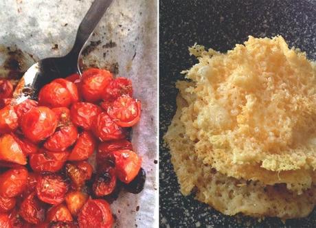 Spaghetti con pomodorini confit e sfoglie di parmigiano