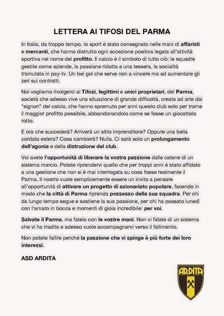La solidarietà dell'Ardita in una lettera ai tifosi del Parma FC