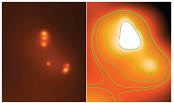 Nella figura sotto, il confronto tra l'immagine Chandra a sinistra - in cui si vedono distintamente 6 sorgenti di cui 5 cosi' brillanti da essere considerate tutte ULX - e sulla destra quella di XMM-Newton in cui ne viene trovata una sola. Crediti: A. Wolter