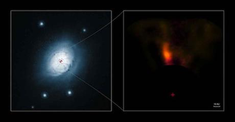 Due immagini del disco di polvere e di gas intorno alla stella HD 100546. A sinistra, un’immagine nel visibile ottenuta da HST-Hubble Space Telescope della NASA/ESA. A destra, un’immagine nell’infrarosso ottenuta dal VLT-Very Large Telescope dell’ESO, Cile. In entrambe le immagini la croce rossa segna la posizione del nuovo protopianeta. Crediti: ESO/NASA/ESA/Ardila et al.