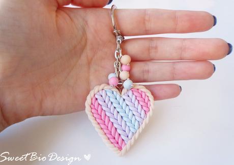 Porta chiavi cuore in fimo effetto maglia - Key holder heart knit effect