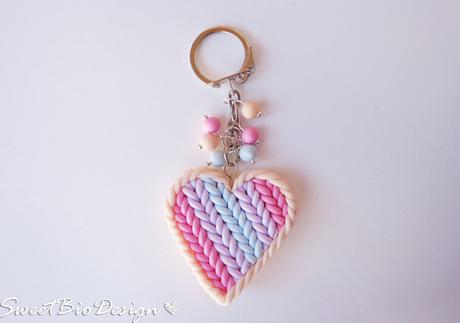 Porta chiavi cuore in fimo effetto maglia - Key holder heart knit effect