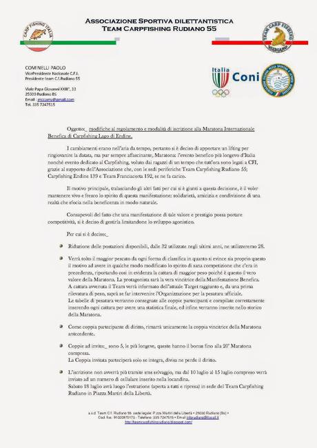 Modifica al regolamento e modalità d'iscrizione Maratona Benefica carpfishing Lago di Endine