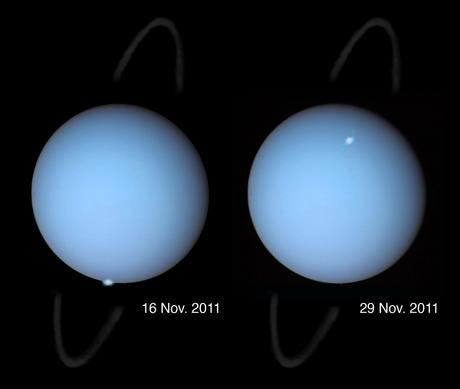 Un confronto tra due immagini dell’aurora su Urano che i ricercatori hanno catturato grazie al Telescopio spaziale Hubble nel novembre 2011. Crediti: Laurent Lamy/HST/NASA.