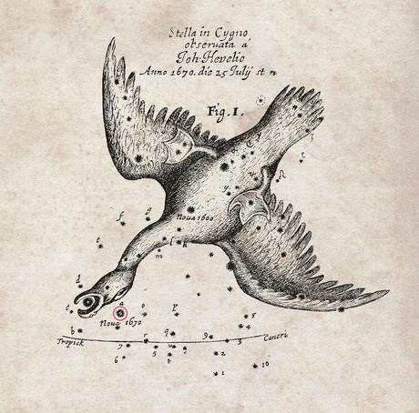 La nova del 1670 registrata da Hevelius. Questa mappa mostra la posizione della nova (in rosso) che apparve nell'anno 1670, fu registrata dal famoso astronomo Hevelius e pubblicata dalla Royal Society in Inghilterra nella rivista Philosophical Transactions. Nuove osservazioni con APEX e altri telescopi hanno rivelato che la stella vista apparire in cielo dagli astronomi europei nel 1670 non era una nova, ma un tipo più raro e violento di collisione stellare, così spettacolare da essere visibile facilmente a occhio nudo durante il primo scoppio. Invece, le tracce lasciate sono così deboli che era necessaria un'analisi accurata con telescopi nella banda submillimetrica per poter risolvere l'enigma, svelato finalmente più di 340 anni dopo. Crediti: Royal Society 