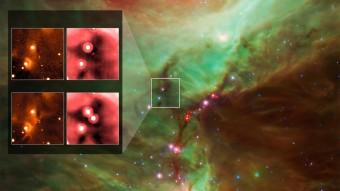  Immagini nell'infrarosso raccolte dal Kitt Peak National Observatory (a sinistra) e dal telescopio spaziale Spitzer della nasa che testimoniano l'eruzione di HOPS 383, una giovane protostella nella zona di formazione stellare di Orione. L'immagine di sfondo è un mosaico di quattro immagini prese da Spitzer. Crediti: NASA/JPL-Caltech/Univ. of Toledo; sfondo, E. Safron et al.