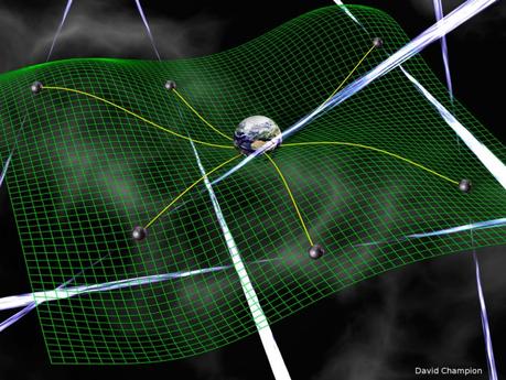 Una rete di pulsar utilizzate per la ricerca di onde gravitazionali, le increspature dello spazio-tempo previste dalla relatività generale. Queste onde provocano cambiamenti nei tempi di arrivo dei segnali radio provenienti dalle pulsar. Questi ritardi sono misurabili da Terra con osservazioni di timing radio estremamente sensibili. Crediti: David Champion
