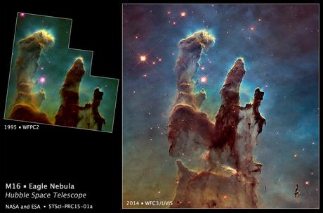 I Pilastri della Creazione riosservati da Hubble per celebrare il suo 25esimo compleanno