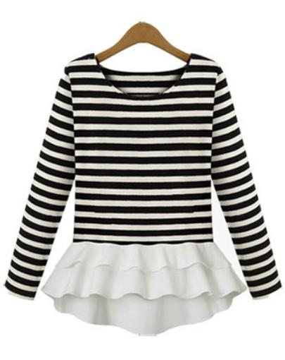 Black White Striped Long Sleeve Ruffle T-Shirt pictures
