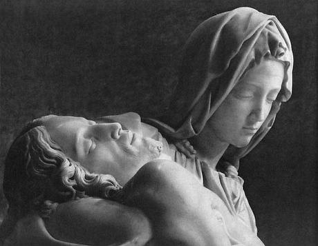 Dettaglio del volto della Madonna e del Cristo della Pietà di Michelangelo Buonarroti