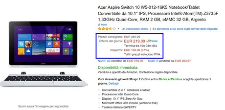 Promozione lampo Amazon: Acer Aspire Switch 10 Convertibile 2 in 1 a 219,00 EUR