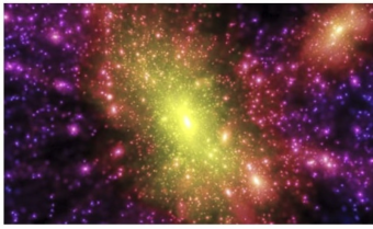 Simulazione al computer di una galassia con evidenziata la materia oscura che la permea e la circonda, tenendola assieme e permettendo a stelle e pianeti di formarsi. Crediti: Springel et al., Virgo Consortium, Max-Planck-Institute for Astrophysics