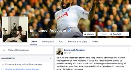 Le rivelazioni private di Emmanuel Adebayor contro la famiglia (su Facebook)